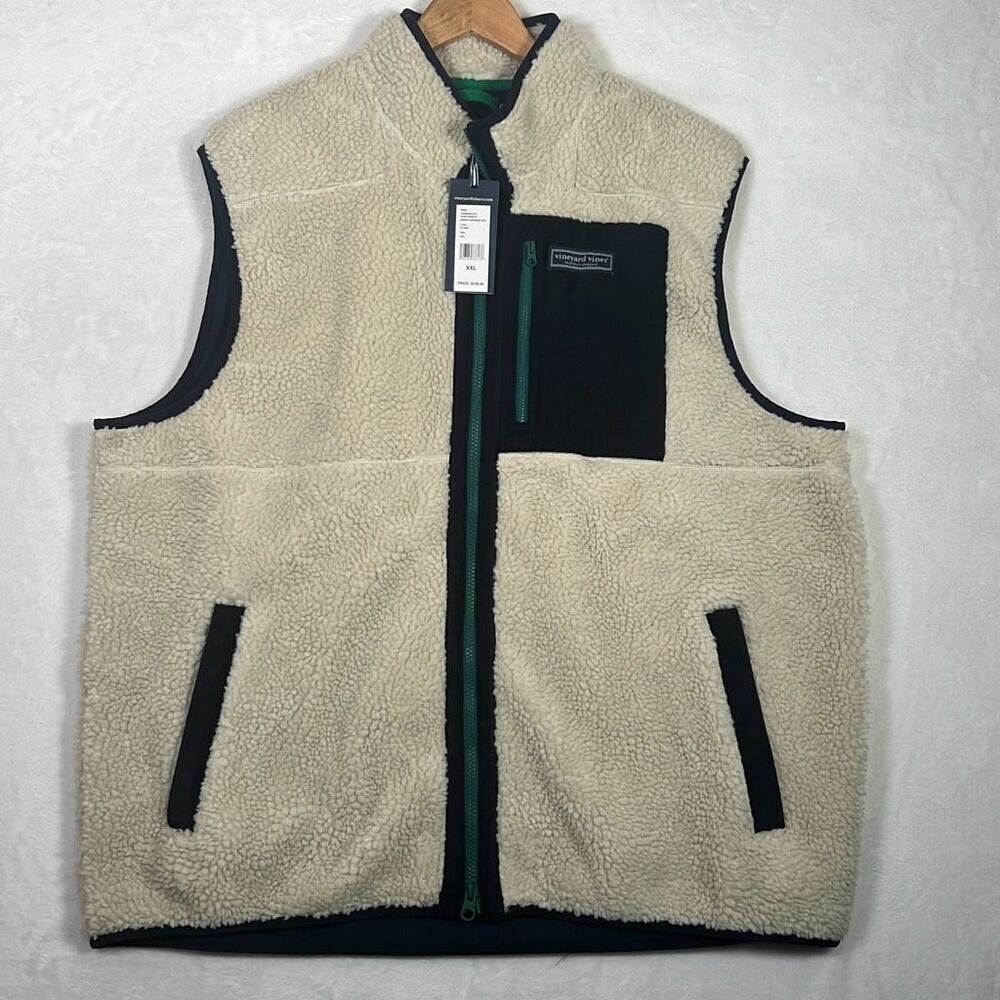 Vineyard Vines Vest Sherpa Fleece Deep Pile Stone Full Zip NWT Men Size‎ XXL